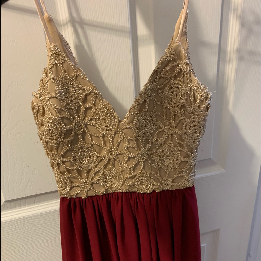 Short red and gold prom dress